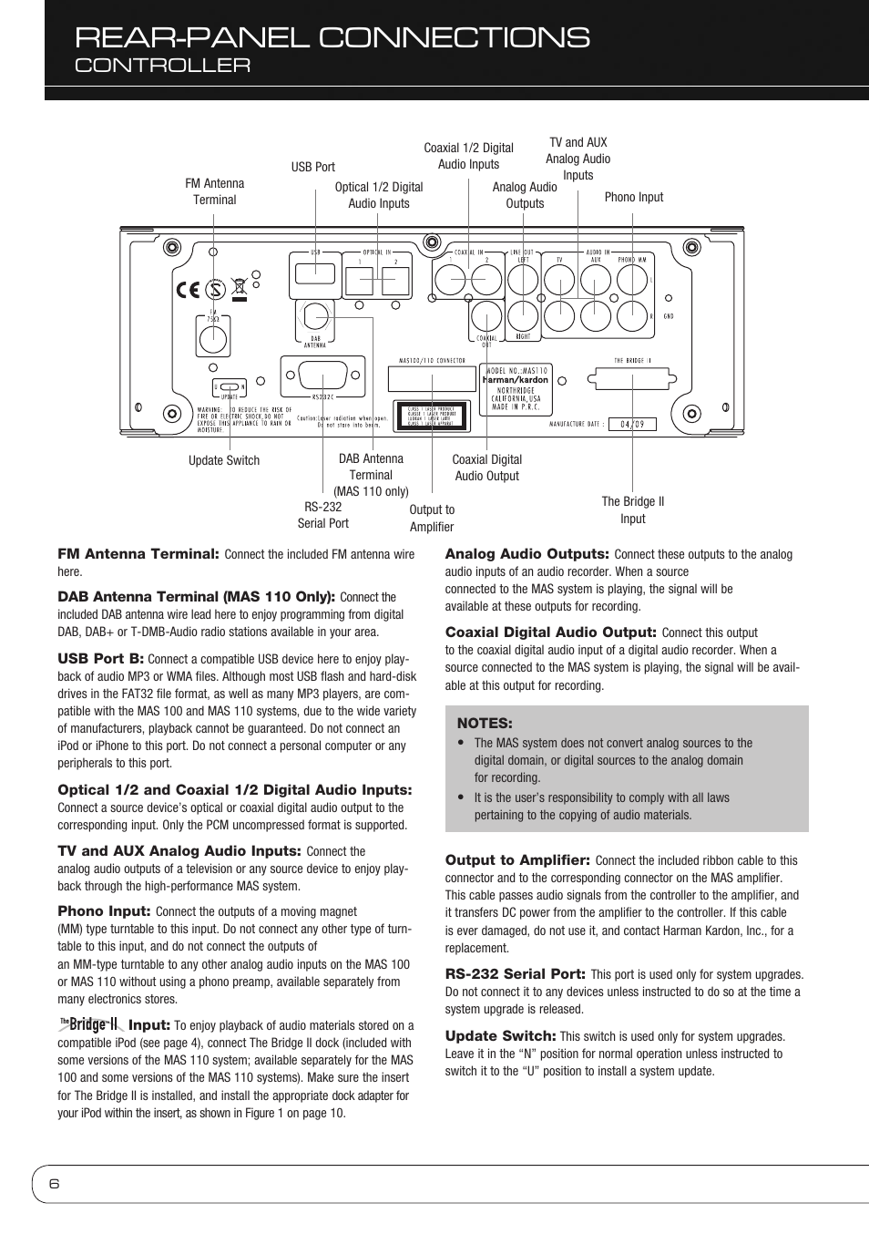 Rear-panel connections, Controller | Harman-Kardon MAS 110 User Manual | Page 6 / 20
