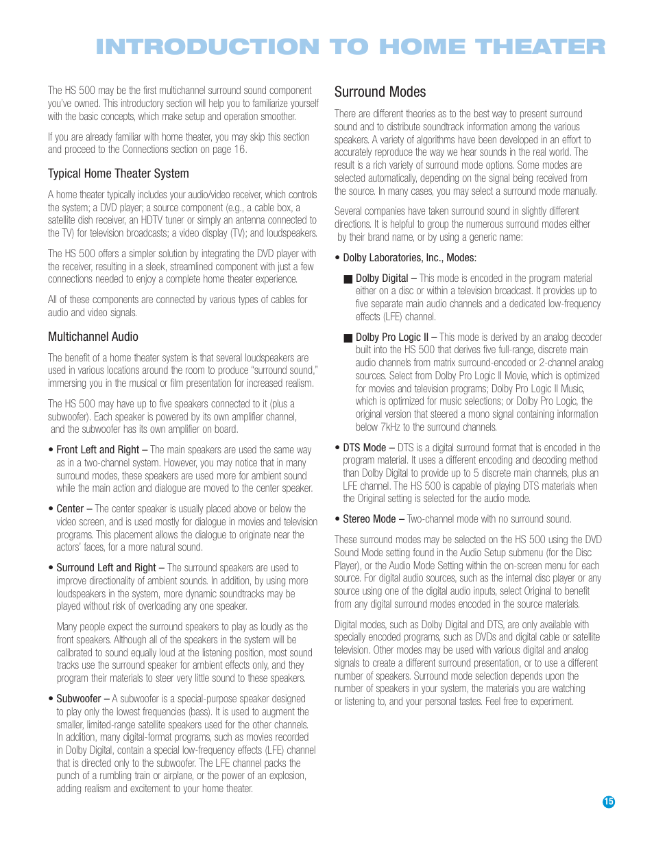Introduction to home theater, Surround modes | Harman-Kardon HS 500 User Manual | Page 15 / 72