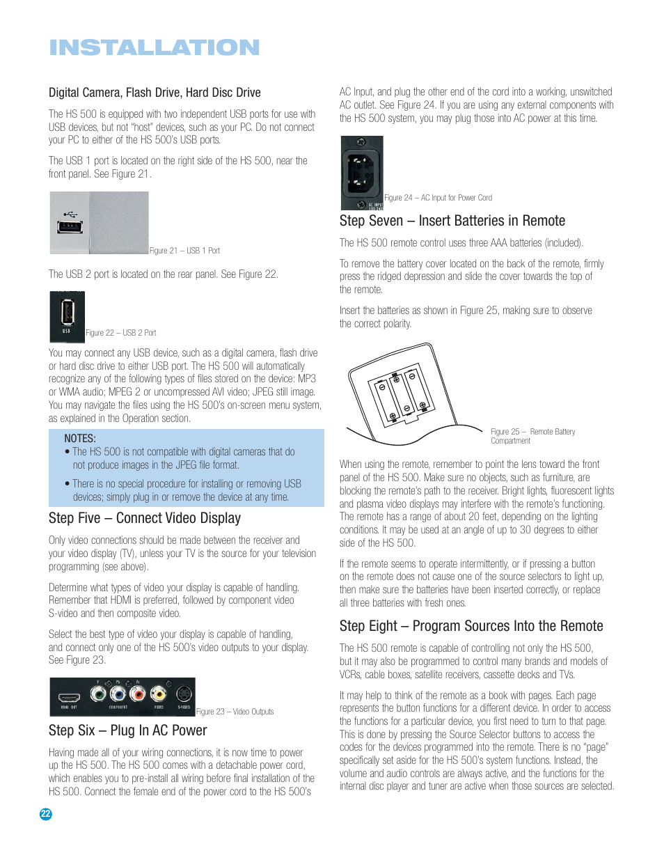 Installation, Step five – connect video display, Step six – plug in ac power | Step seven – insert batteries in remote, Step eight – program sources into the remote | Harman-Kardon HS 500 User Manual | Page 22 / 72