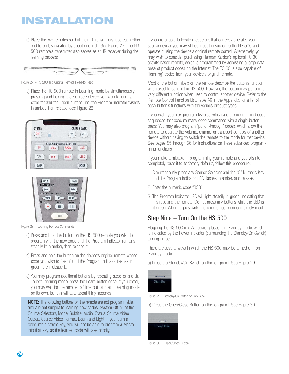 Installation, Step nine – turn on the hs 500 | Harman-Kardon HS 500 User Manual | Page 24 / 72