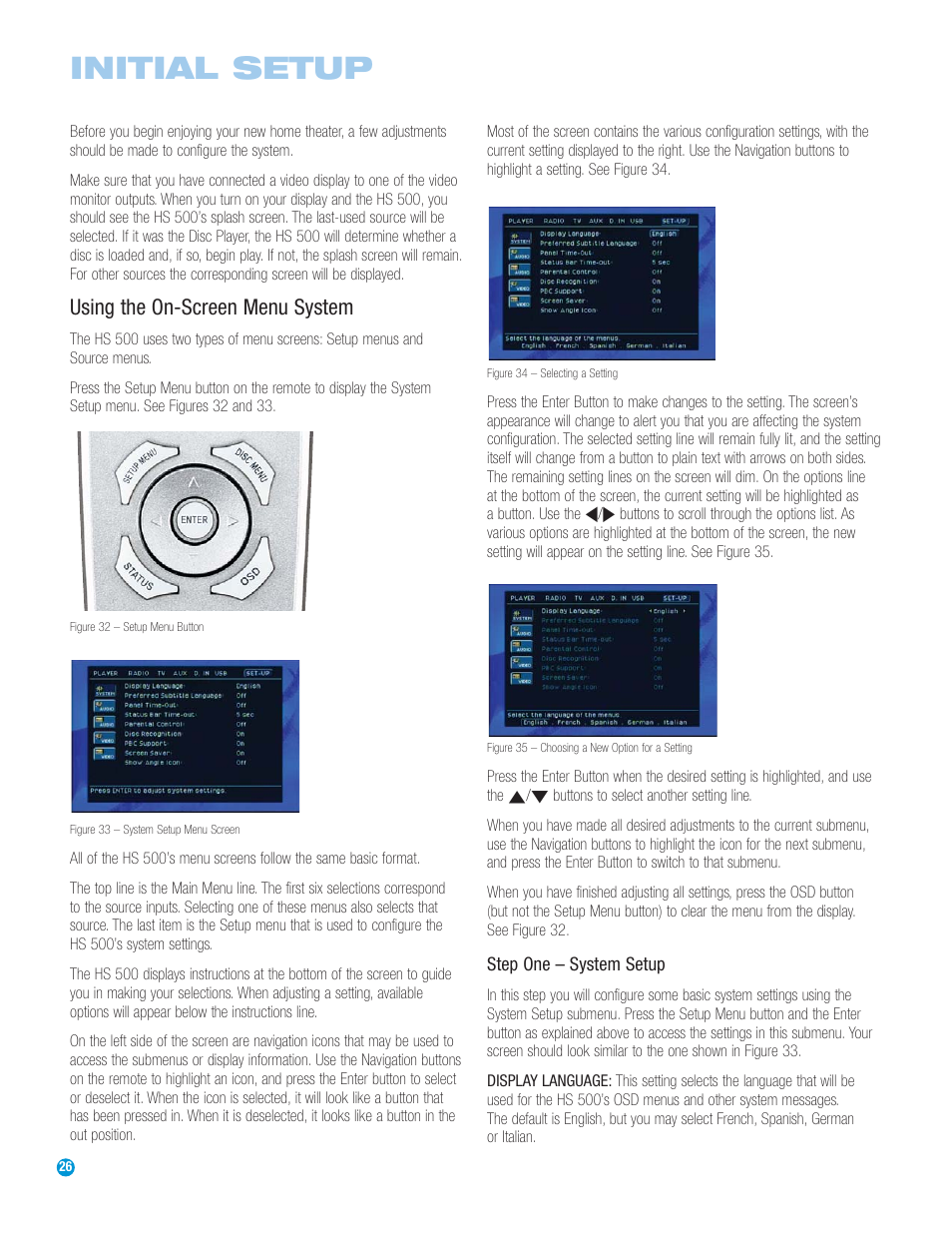 Initial setup, Using the on-screen menu system | Harman-Kardon HS 500 User Manual | Page 26 / 72