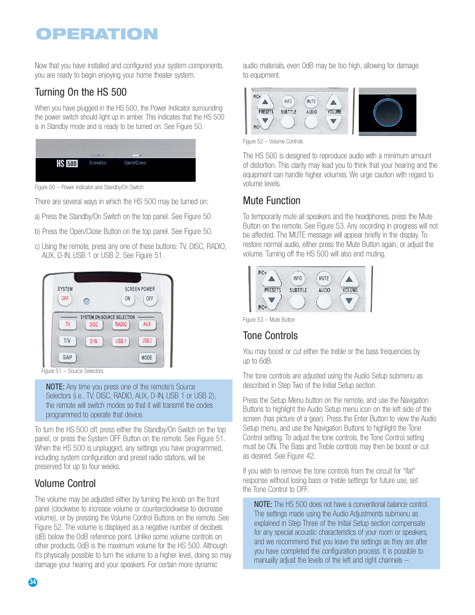 Operation, Turning on the hs 500, Volume control | Mute function, Tone controls | Harman-Kardon HS 500 User Manual | Page 34 / 72
