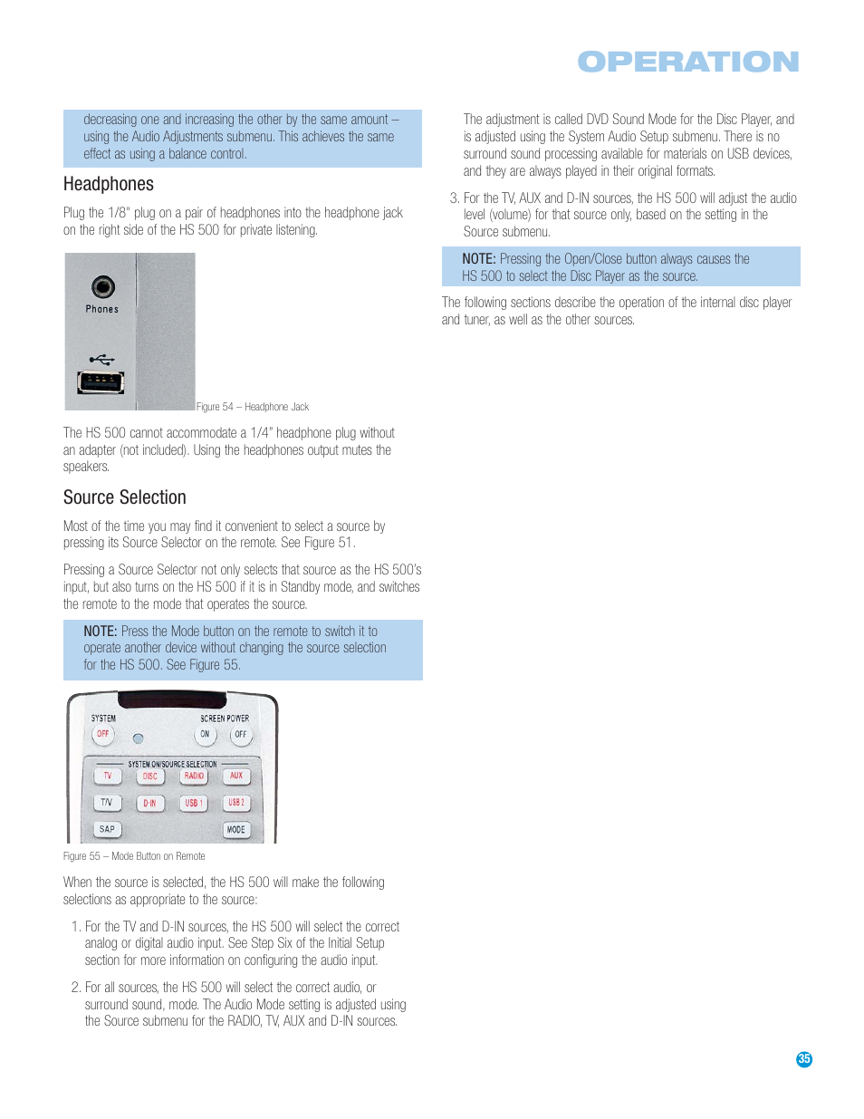 Operation, Headphones, Source selection | Harman-Kardon HS 500 User Manual | Page 35 / 72
