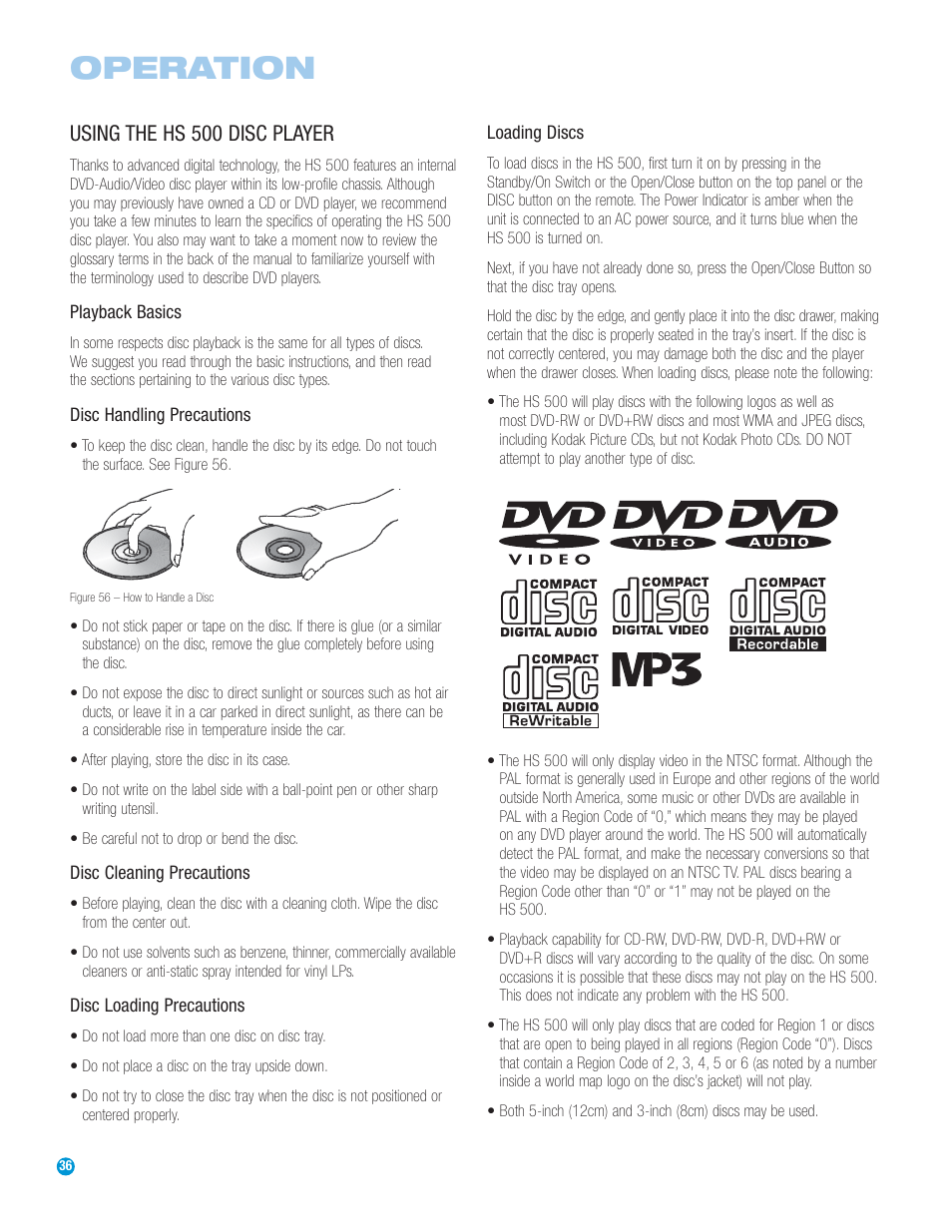 Operation, Using the hs 500 disc player | Harman-Kardon HS 500 User Manual | Page 36 / 72