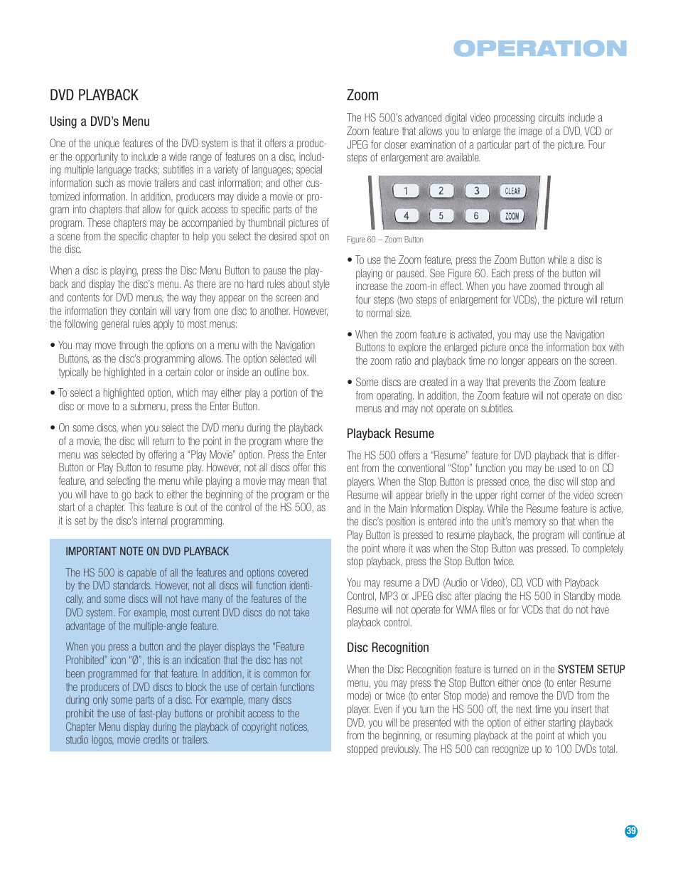 Operation, Dvd playback, Zoom | Harman-Kardon HS 500 User Manual | Page 39 / 72