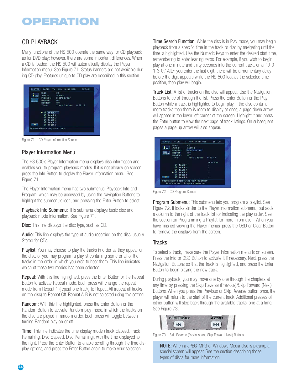 Operation, Cd playback | Harman-Kardon HS 500 User Manual | Page 44 / 72