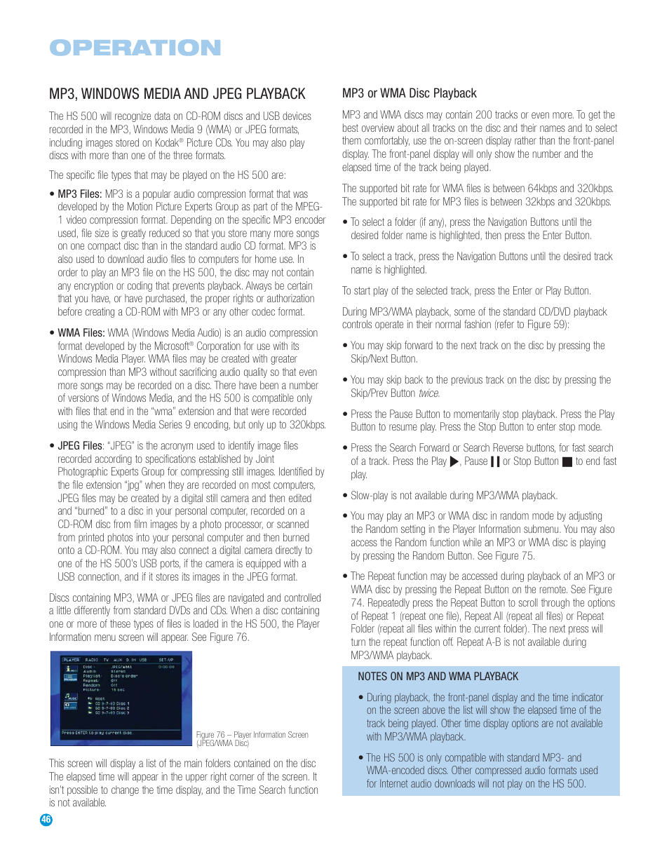 Operation, Mp3, windows media and jpeg playback | Harman-Kardon HS 500 User Manual | Page 46 / 72
