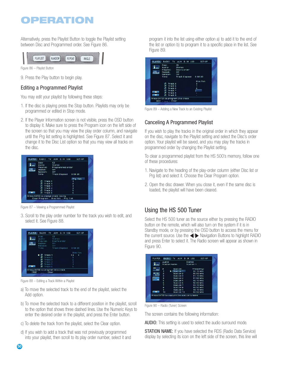 Operation, Using the hs 500 tuner | Harman-Kardon HS 500 User Manual | Page 50 / 72