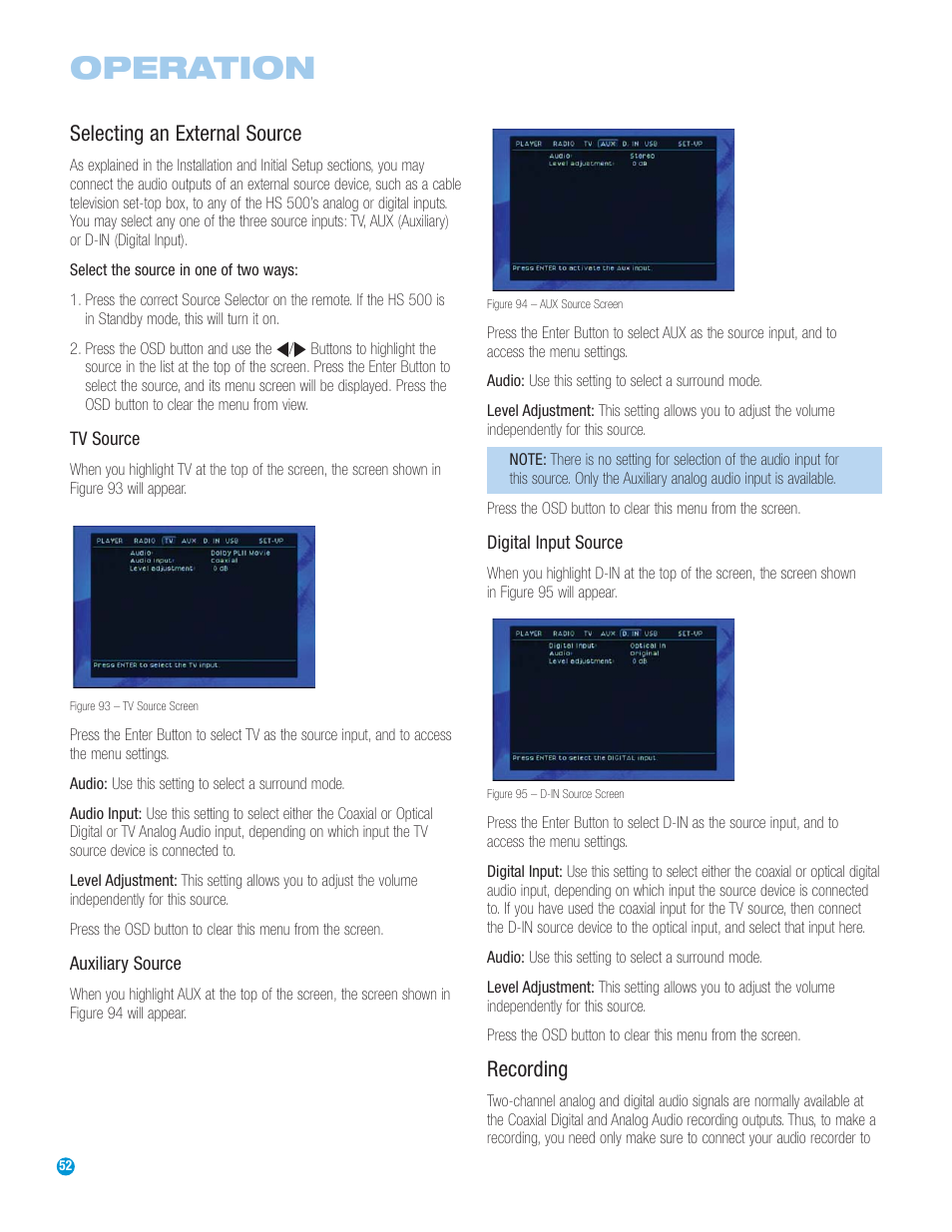 Operation, Selecting an external source, Recording | Harman-Kardon HS 500 User Manual | Page 52 / 72