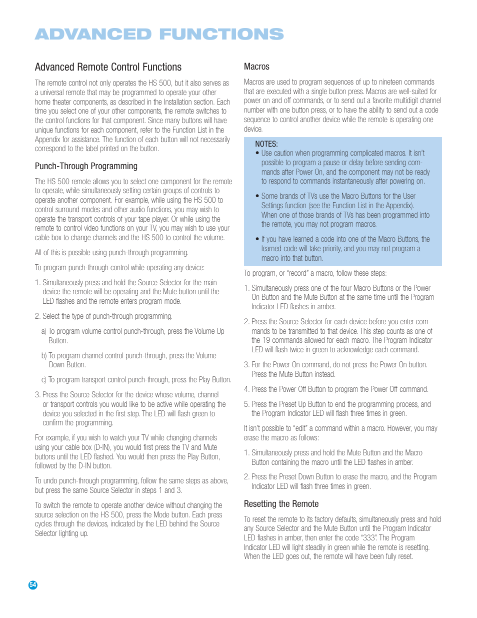 Advanced functions, Advanced remote control functions | Harman-Kardon HS 500 User Manual | Page 54 / 72