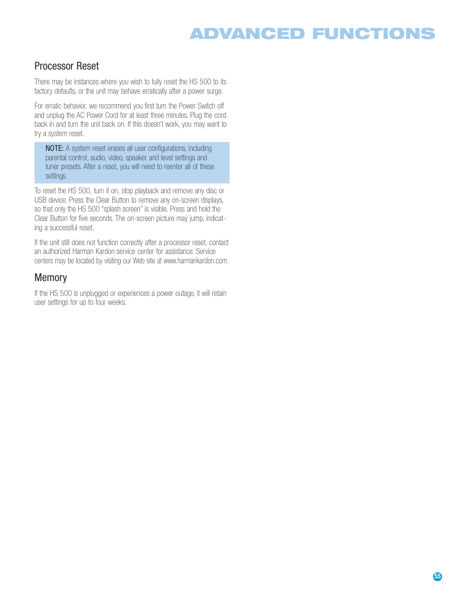 Advanced functions | Harman-Kardon HS 500 User Manual | Page 55 / 72