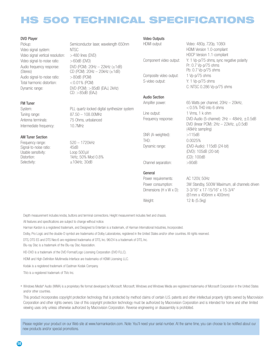 Hs 500 technical specifications | Harman-Kardon HS 500 User Manual | Page 58 / 72
