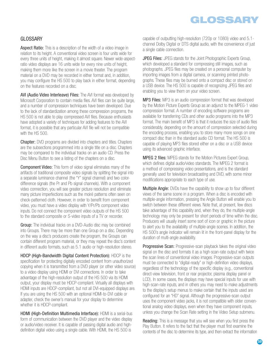 Glossary | Harman-Kardon HS 500 User Manual | Page 59 / 72