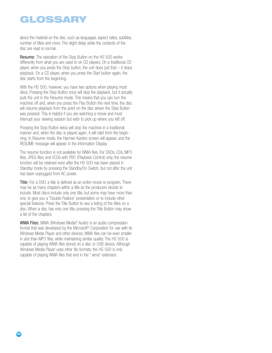 Glossary | Harman-Kardon HS 500 User Manual | Page 60 / 72
