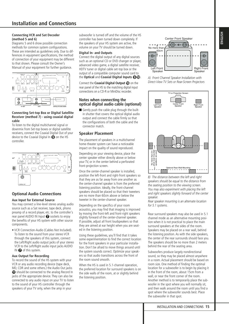 Installation and connections, Optional audio connections, Speaker placement | Harman-Kardon HS 300 User Manual | Page 15 / 32