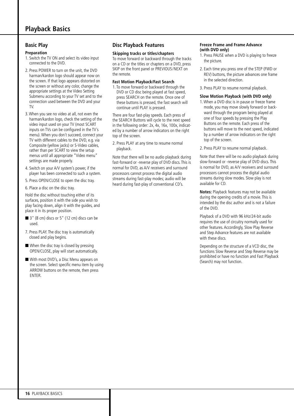 Playback basics | Harman-Kardon DVD 506 User Manual | Page 16 / 22