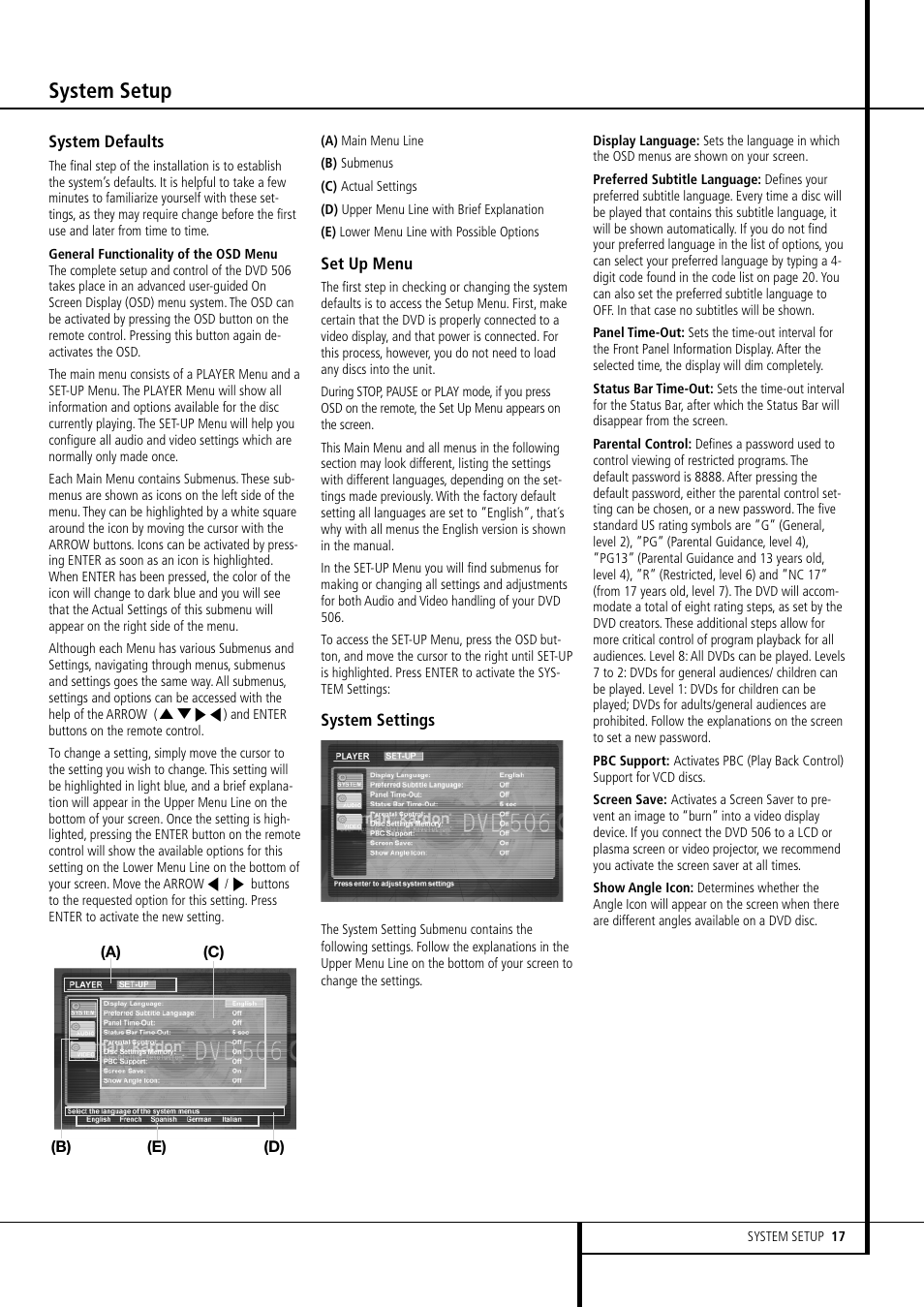 System setup | Harman-Kardon DVD 506 User Manual | Page 17 / 22