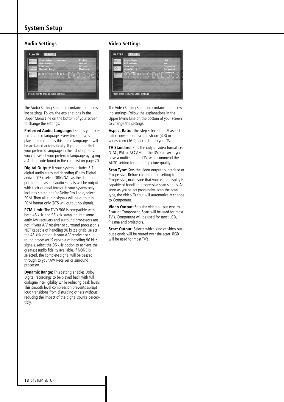 System setup | Harman-Kardon DVD 506 User Manual | Page 18 / 22