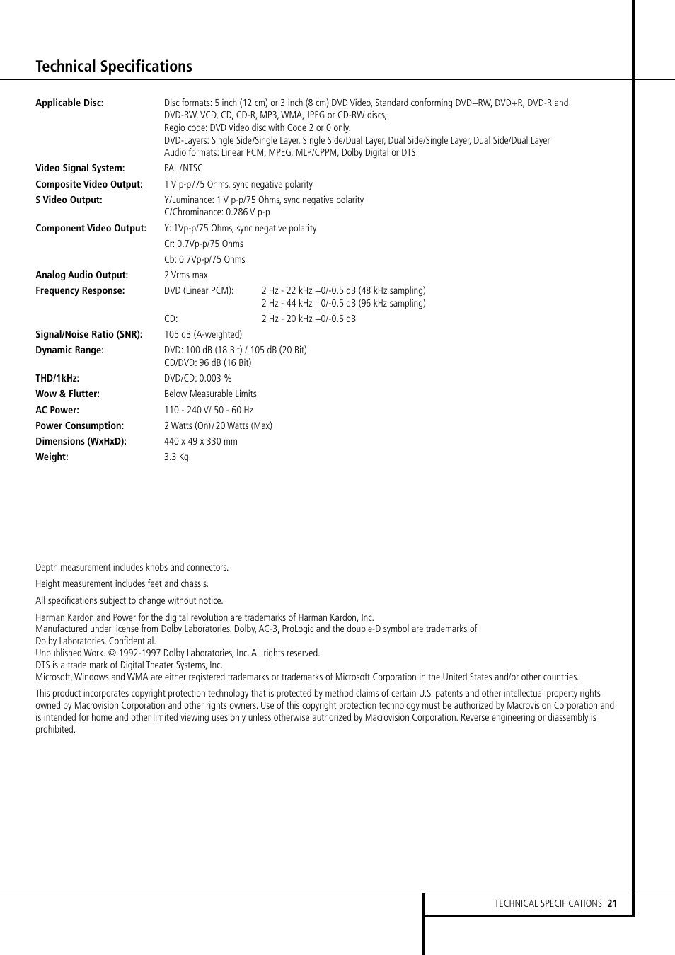 Technical specifications | Harman-Kardon DVD 506 User Manual | Page 21 / 22