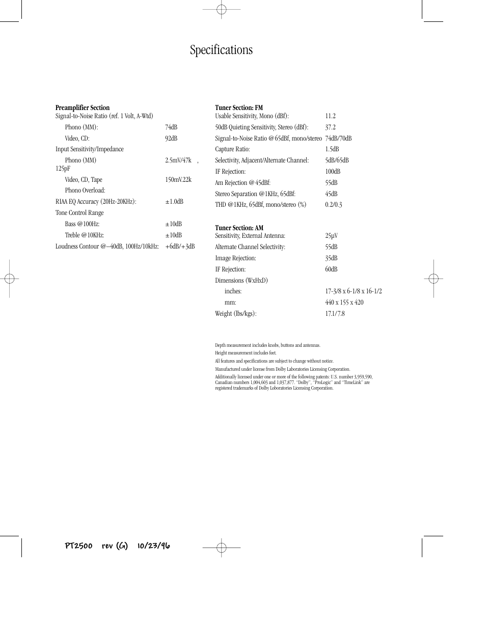 Specifications | Harman-Kardon PT2500 User Manual | Page 16 / 16