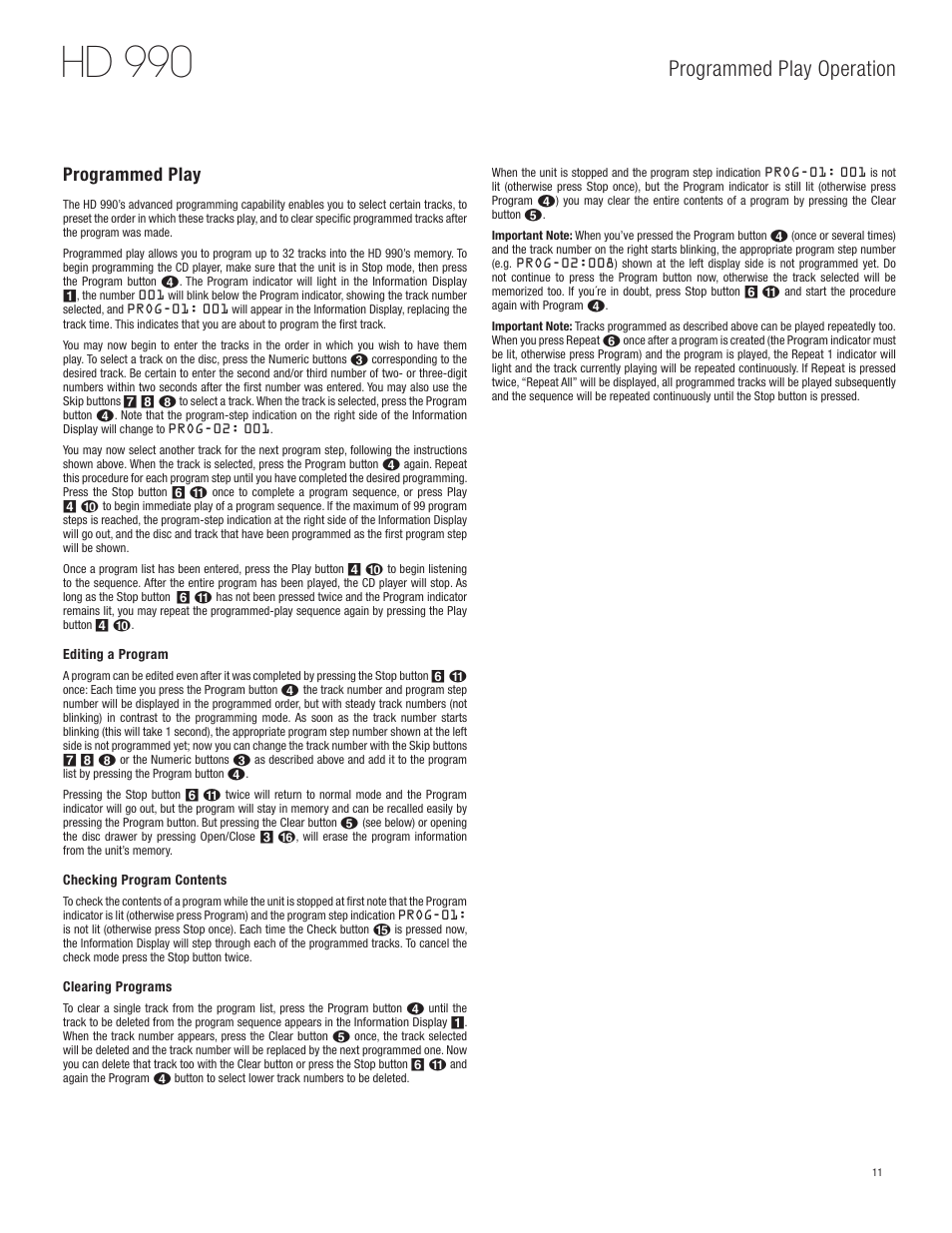 Hd 990, Programmed play operation, Programmed play | Harman-Kardon HD 990 User Manual | Page 11 / 16