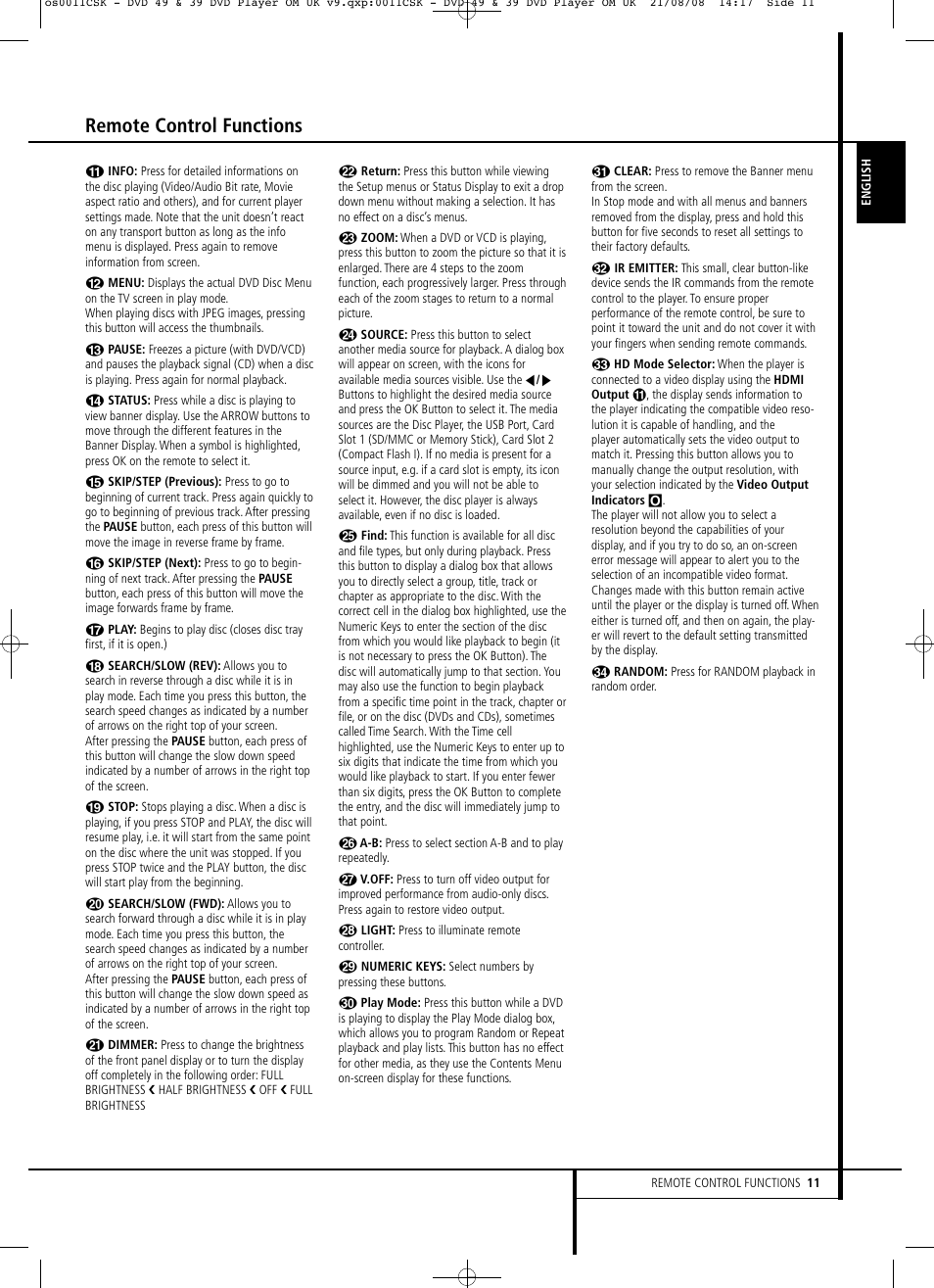 Remote control functions | Harman-Kardon DVD 49 User Manual | Page 11 / 34