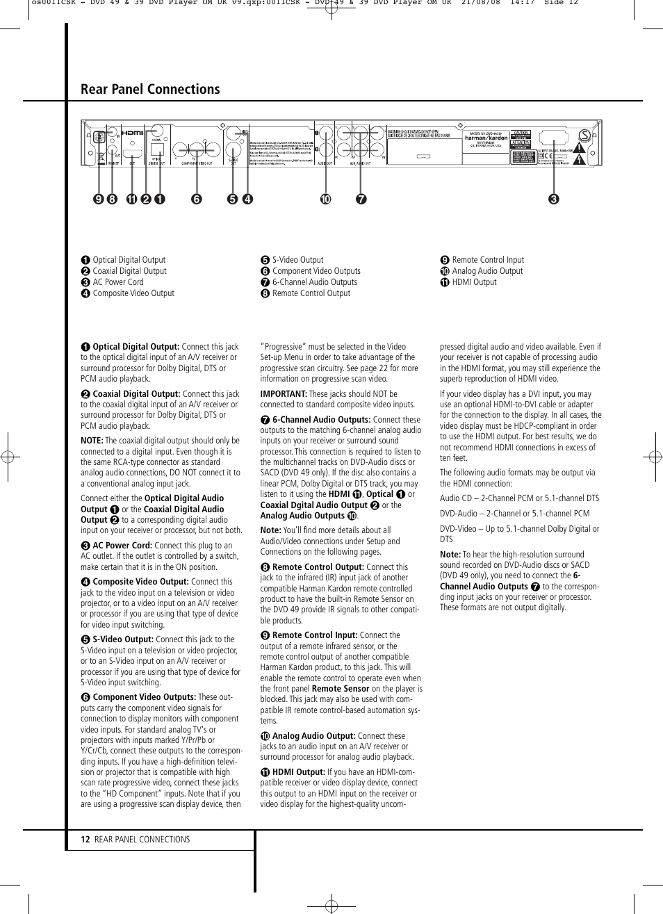 Rear panel connections | Harman-Kardon DVD 49 User Manual | Page 12 / 34