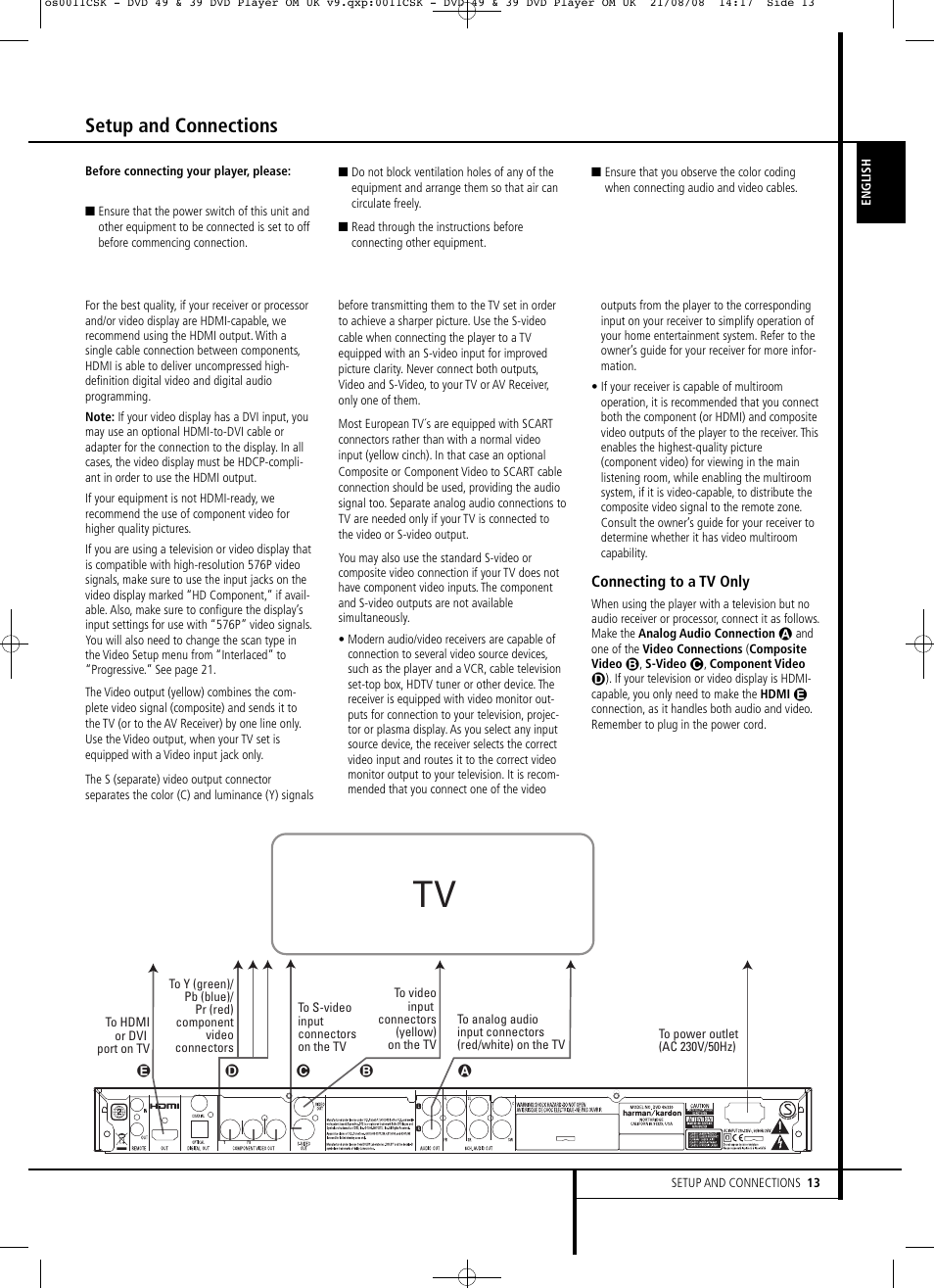 Setup and connections | Harman-Kardon DVD 49 User Manual | Page 13 / 34