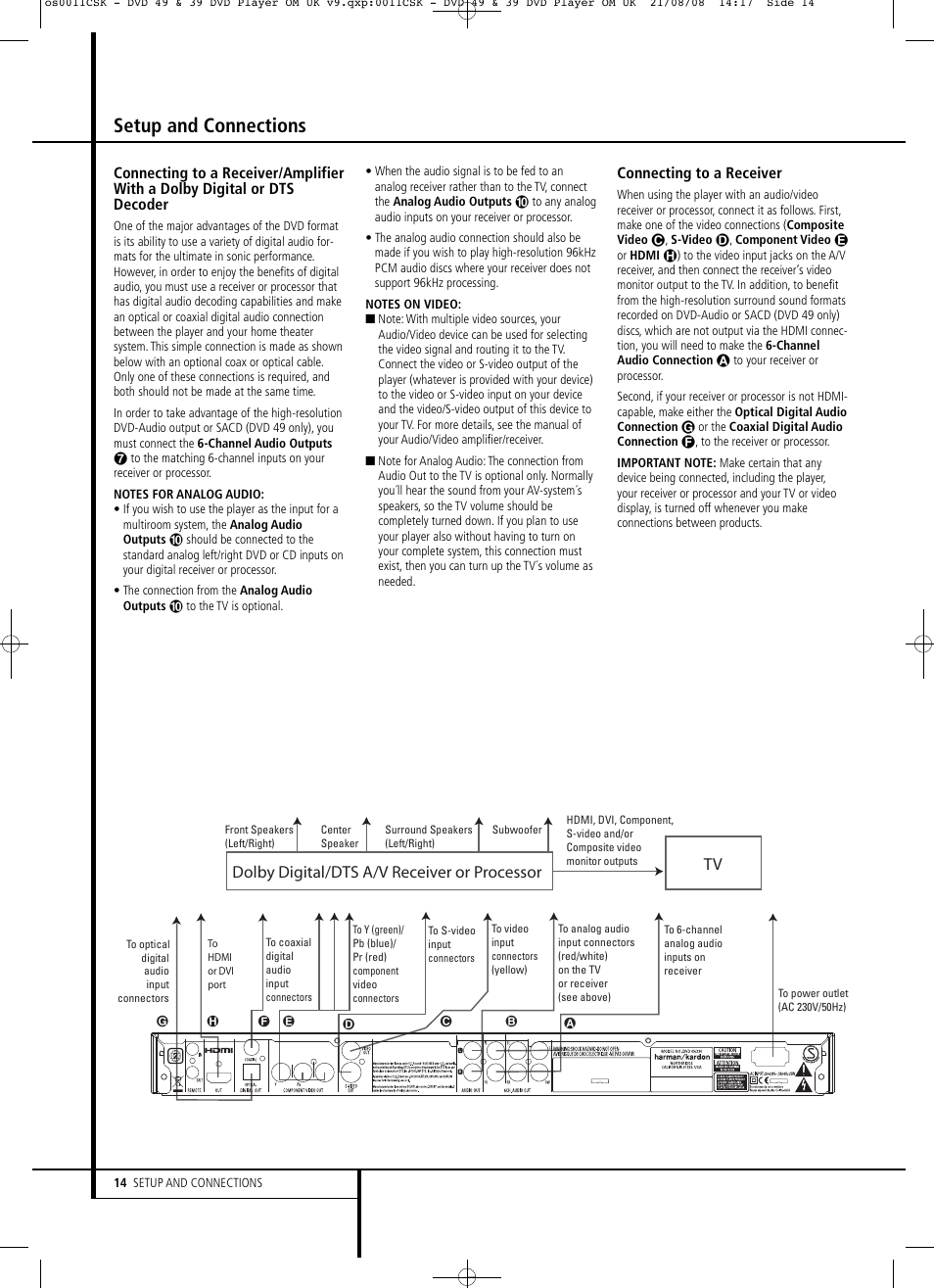 Setup and connections, Dolby digital/dts a/v receiver or processor, Connecting to a receiver | Harman-Kardon DVD 49 User Manual | Page 14 / 34