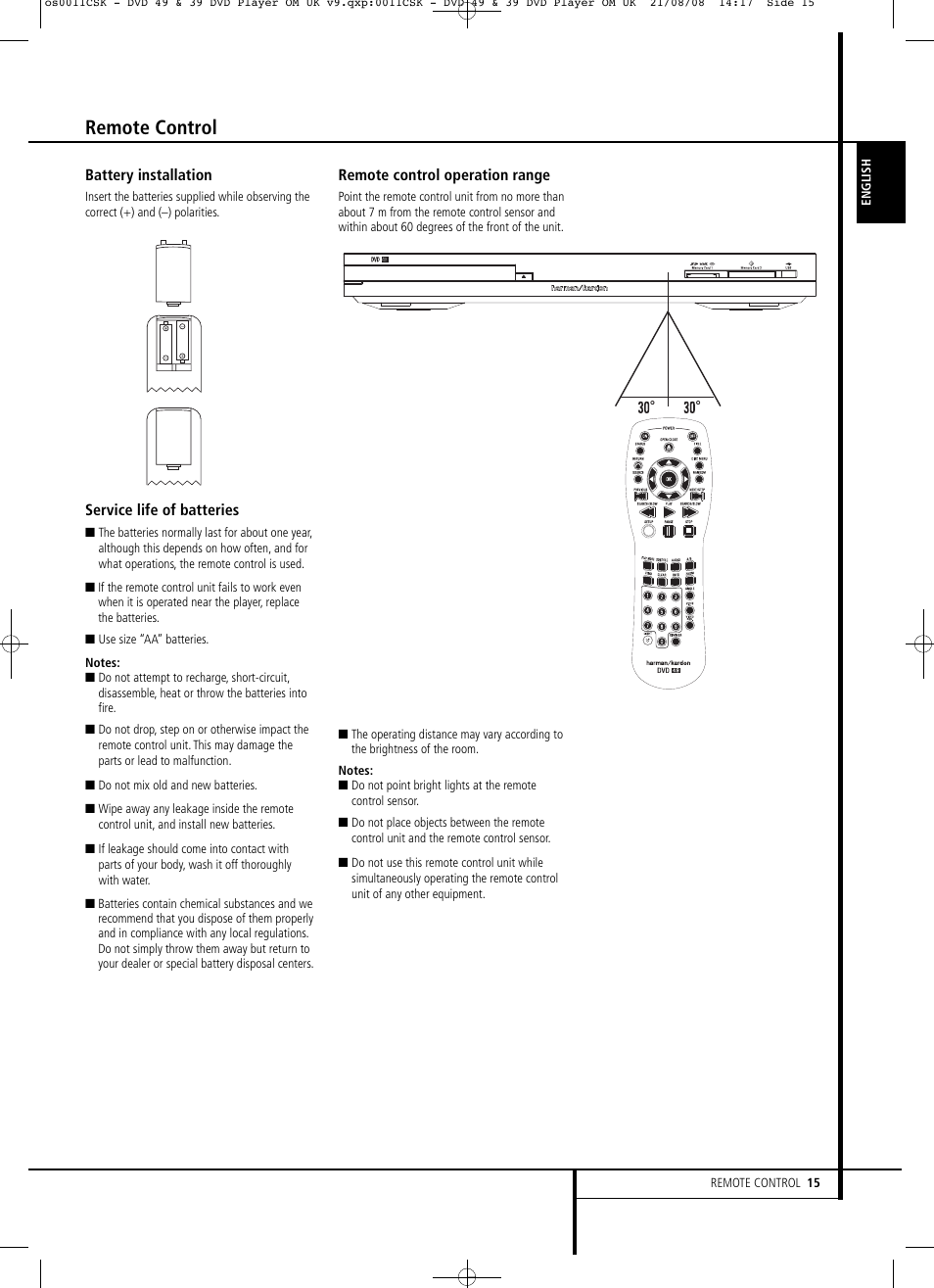 Remote control | Harman-Kardon DVD 49 User Manual | Page 15 / 34