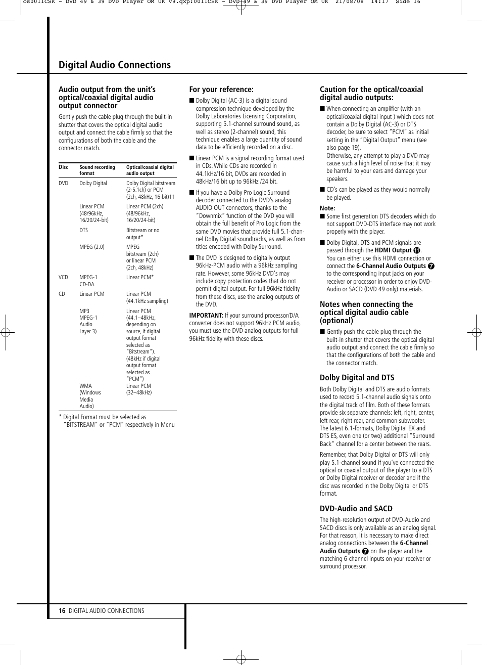 Digital audio connections, For your reference, Dolby digital and dts | Dvd-audio and sacd | Harman-Kardon DVD 49 User Manual | Page 16 / 34