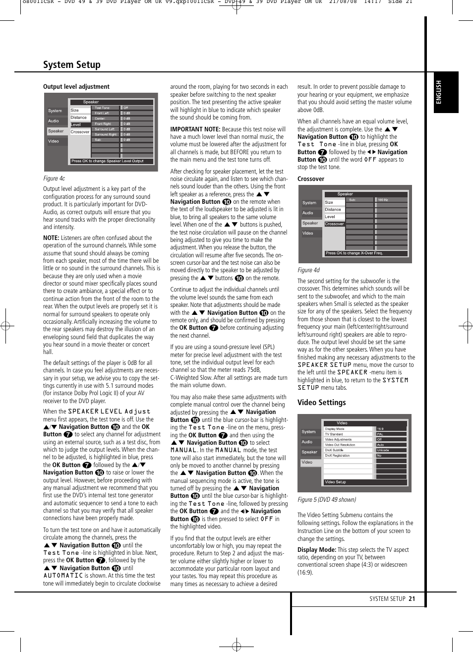 System setup, Video settings | Harman-Kardon DVD 49 User Manual | Page 21 / 34