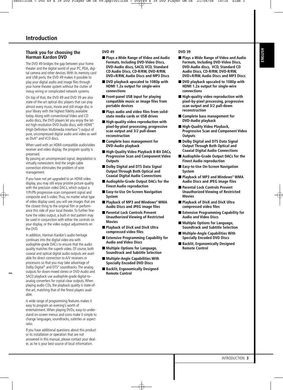 Introduction | Harman-Kardon DVD 49 User Manual | Page 3 / 34