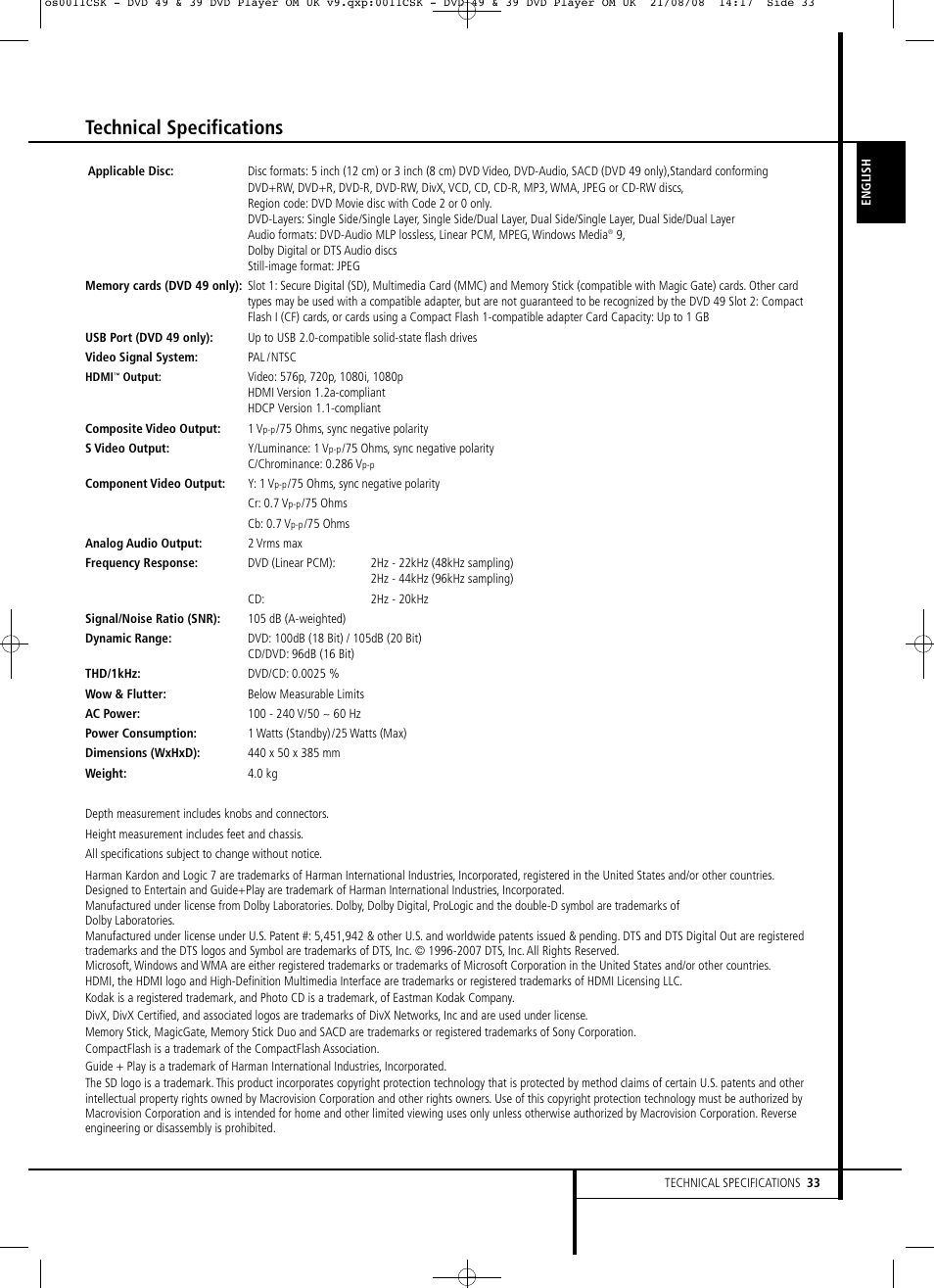 Technical specifications | Harman-Kardon DVD 49 User Manual | Page 33 / 34