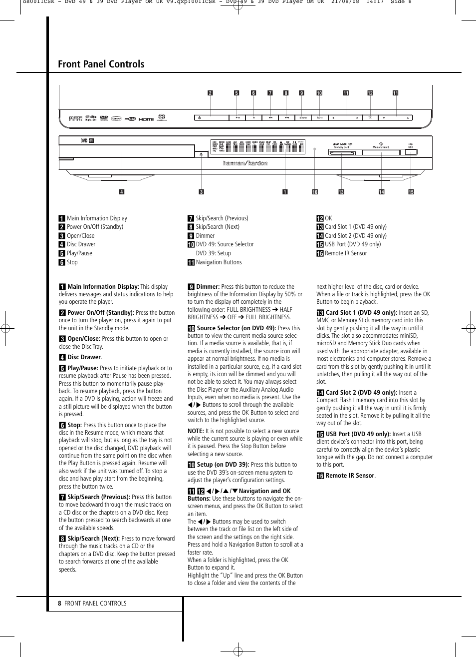 Front panel controls | Harman-Kardon DVD 49 User Manual | Page 8 / 34