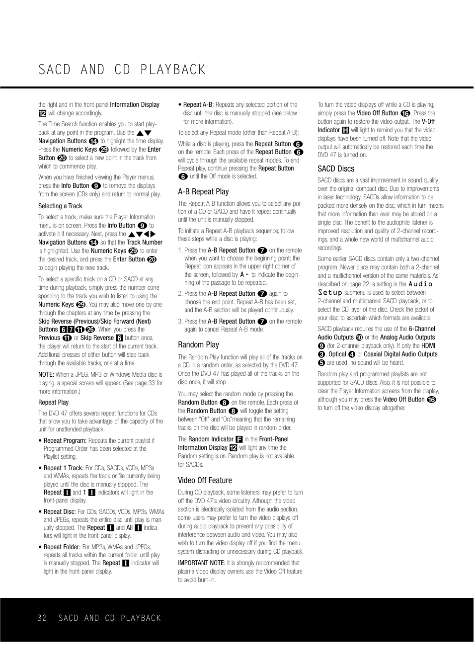 Sacd and cd playback | Harman-Kardon DVD47 User Manual | Page 32 / 40