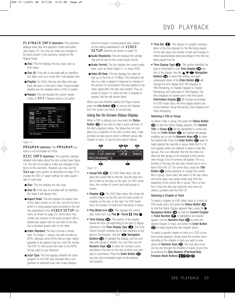 Dvd playback, Using the on-screen status display, Dvd playback 29 | Harman-Kardon DVD 37 User Manual | Page 29 / 40