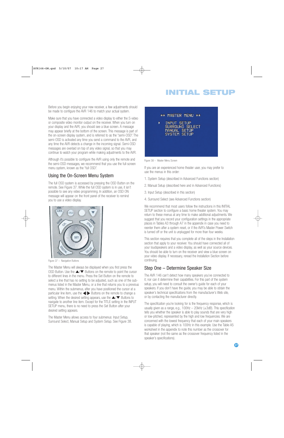 Initial setup, Using the on-screen menu system, Step one – determine speaker size | Harman-Kardon AVR 146 User Manual | Page 27 / 60