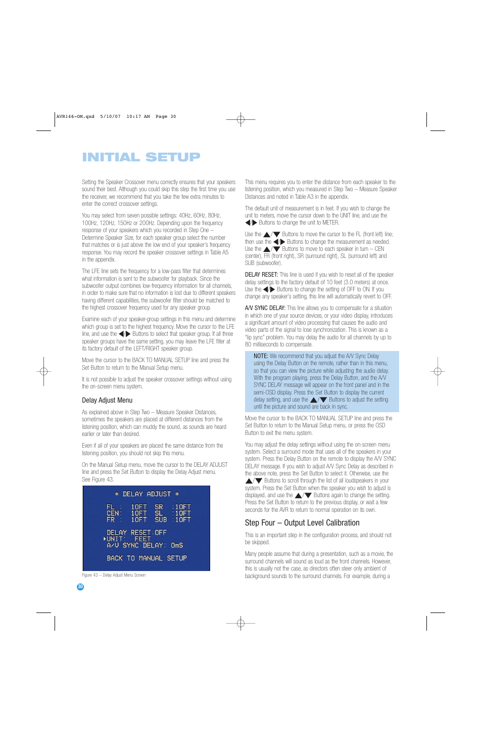 Initial setup, Step four – output level calibration | Harman-Kardon AVR 146 User Manual | Page 30 / 60