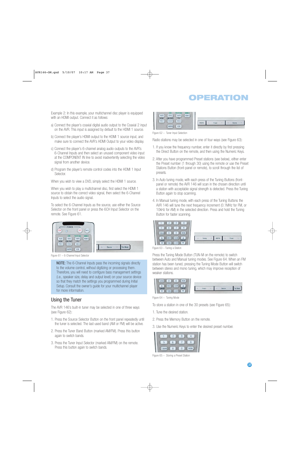 Operation, Using the tuner | Harman-Kardon AVR 146 User Manual | Page 37 / 60