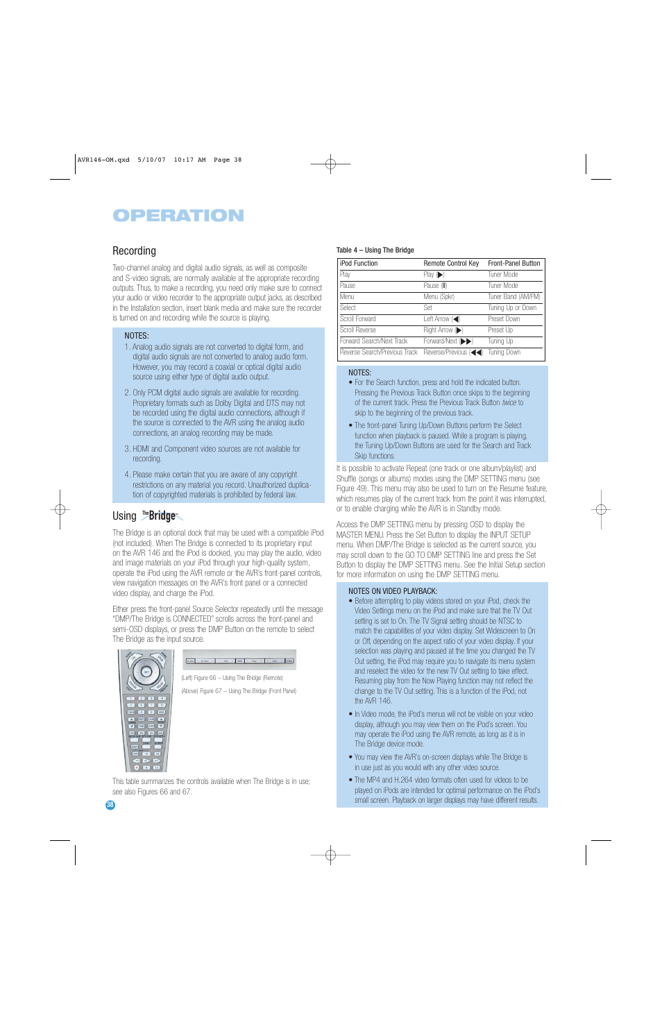 Operation, Bridge, Recording | Using | Harman-Kardon AVR 146 User Manual | Page 38 / 60