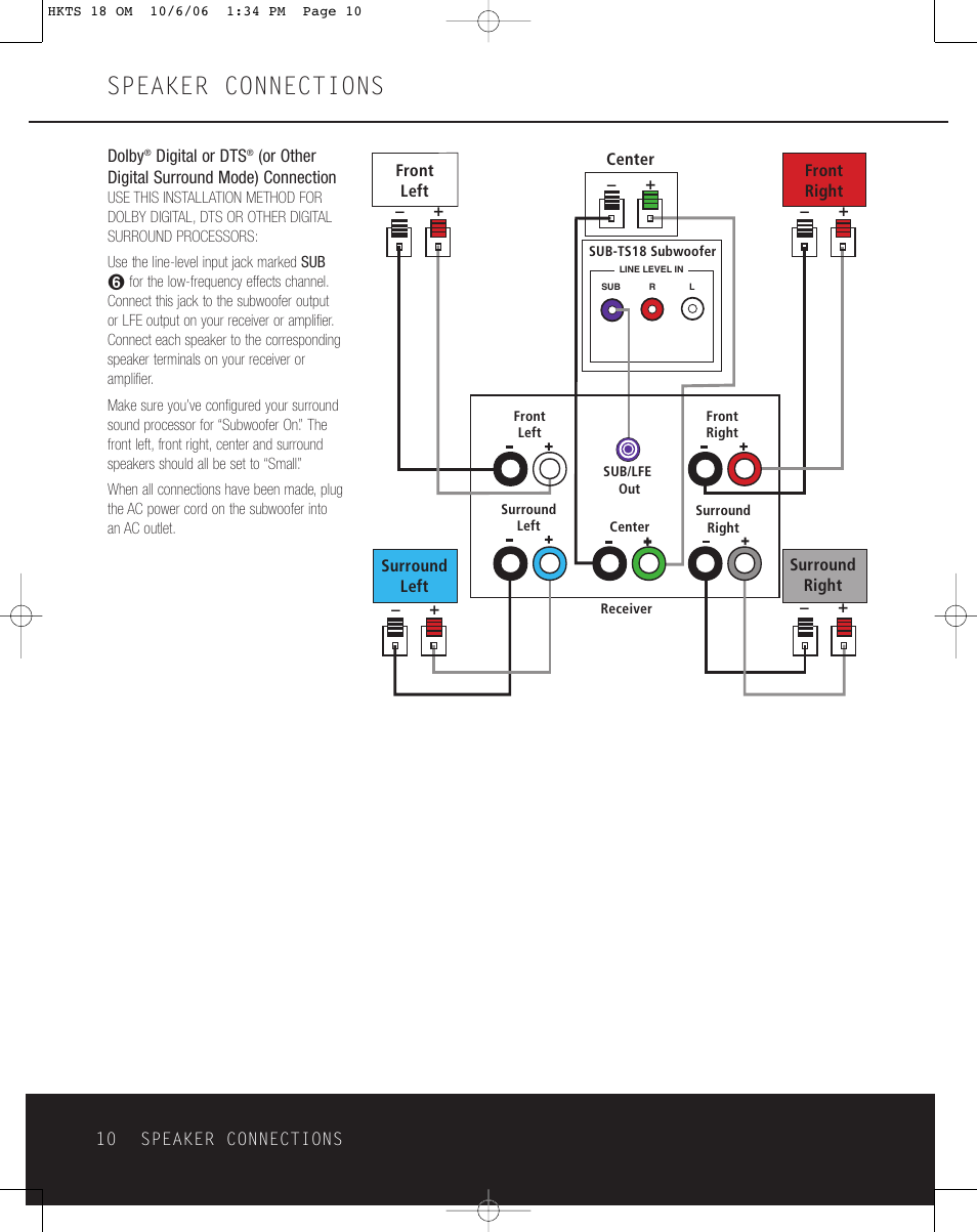 Speaker connections | Harman-Kardon HKTS 18 User Manual | Page 10 / 16