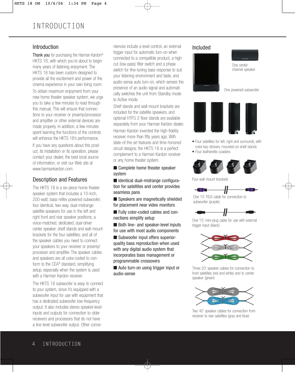 Introduction, Description and features, Included | Harman-Kardon HKTS 18 User Manual | Page 4 / 16