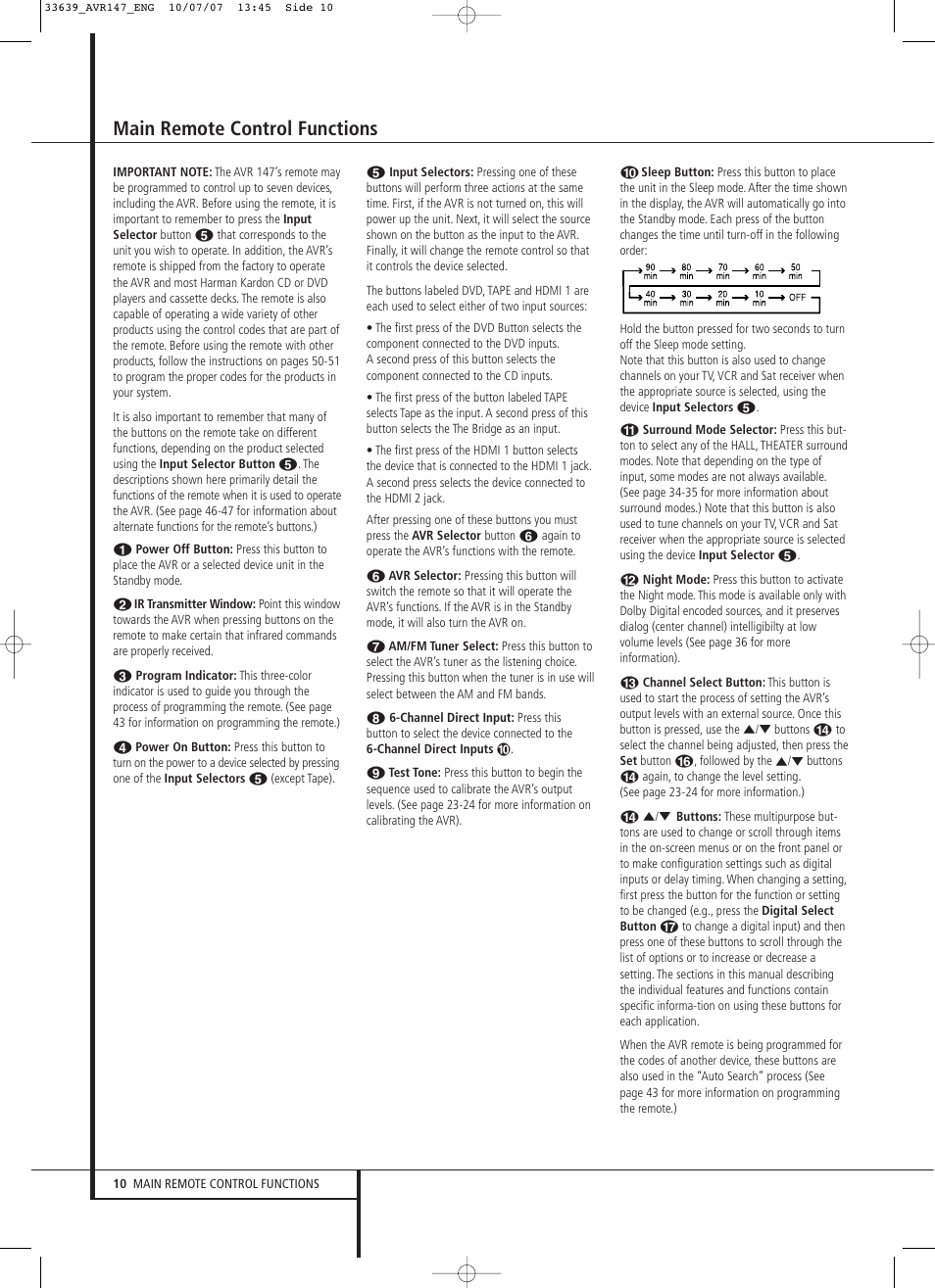 Main remote control functions | Harman-Kardon AVR 147 User Manual | Page 10 / 52