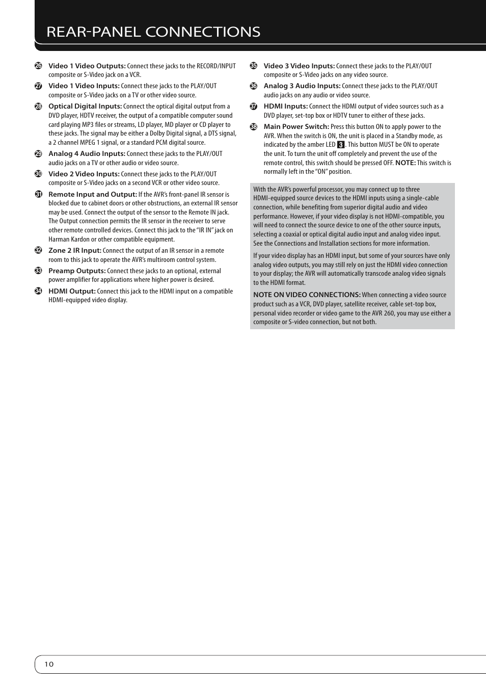 Rear-panel connections | Harman-Kardon AVR 260 User Manual | Page 10 / 54