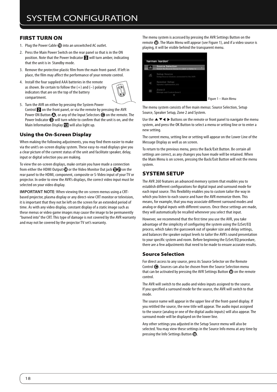 System configuration, First turn on, System setup | Harman-Kardon AVR 260 User Manual | Page 18 / 54