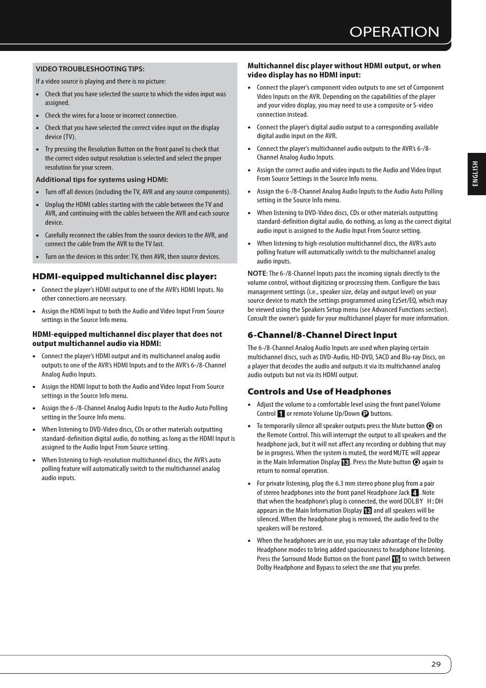 Operation | Harman-Kardon AVR 260 User Manual | Page 29 / 54