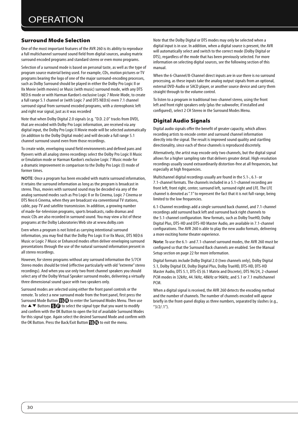 Operation | Harman-Kardon AVR 260 User Manual | Page 30 / 54