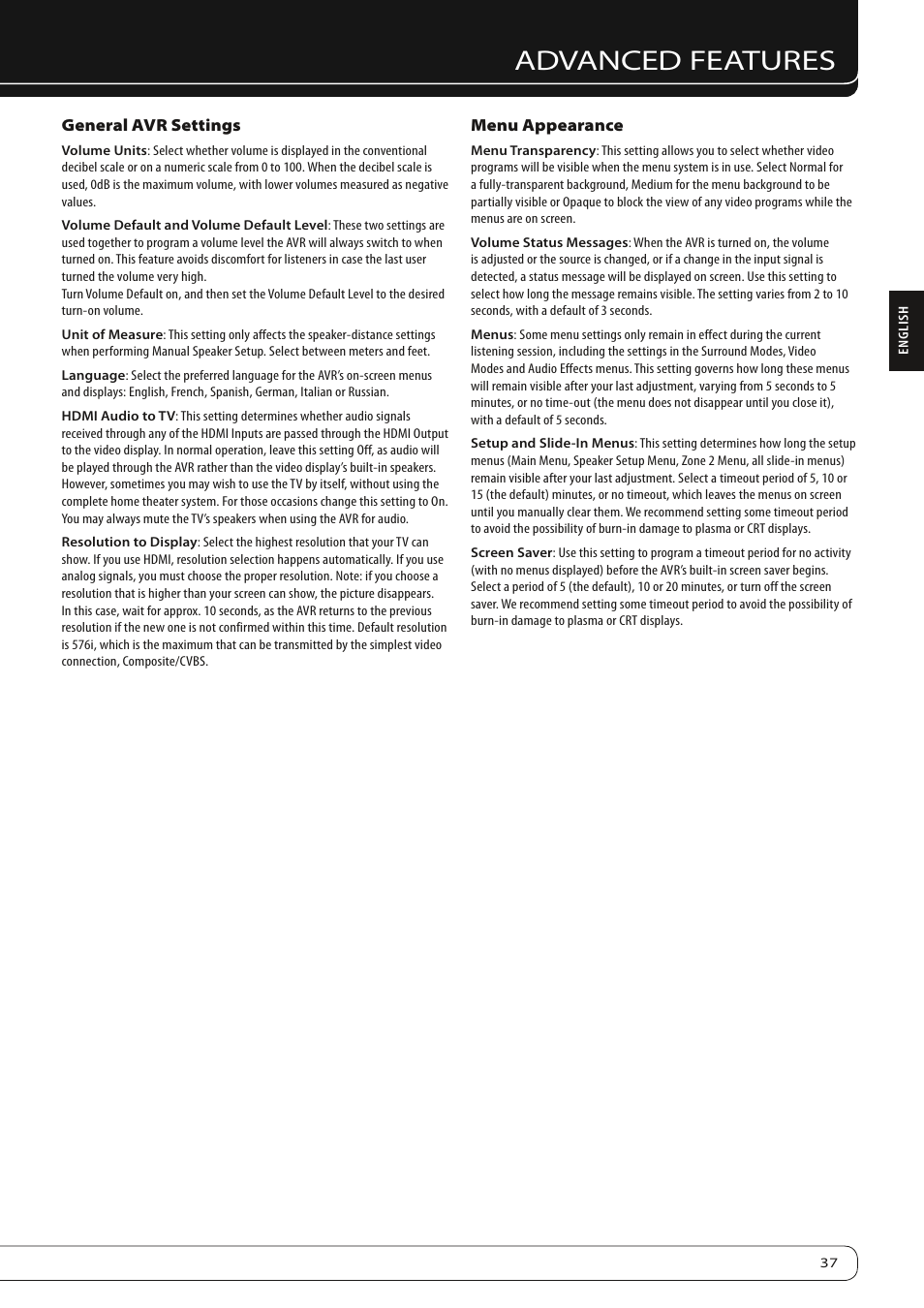 Advanced features | Harman-Kardon AVR 260 User Manual | Page 37 / 54