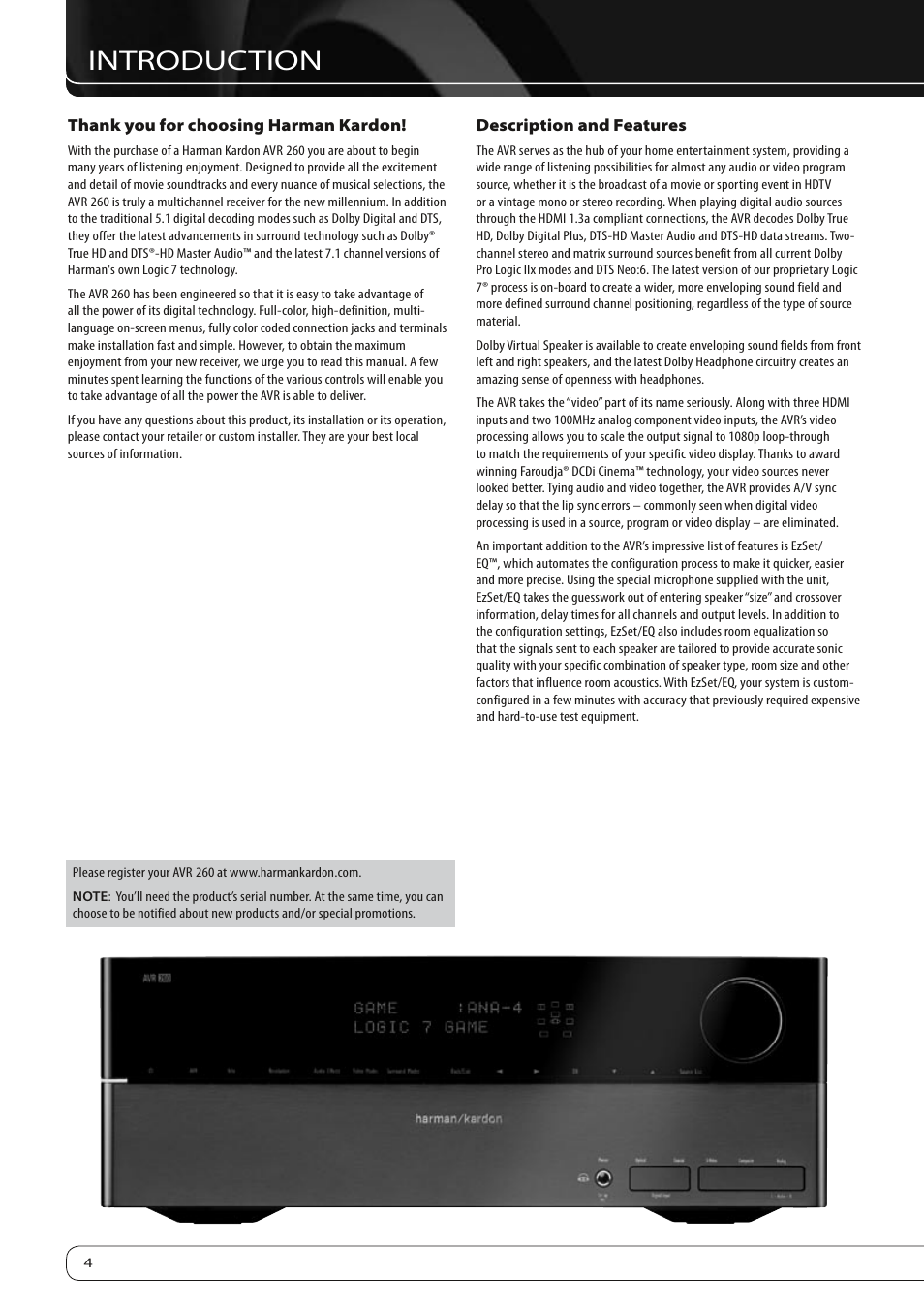 Introduction | Harman-Kardon AVR 260 User Manual | Page 4 / 54